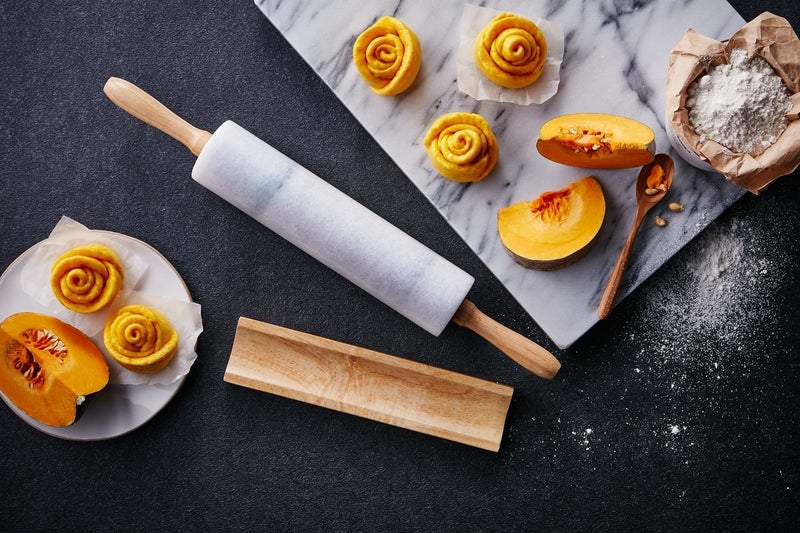 JEmarble Rolling Pin-Wooden Handles(White)(Premium Quality) Polished Surface 18-inch(10"Barrel) Genuine Stone Non-stick Save Effort Easy to Clean - Image 2